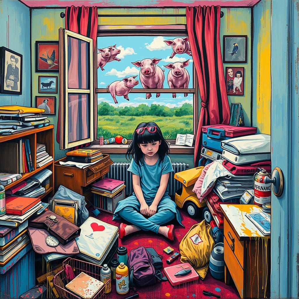 Vibrant Street Art Depiction of a Messy Room with Pigs Flyin...