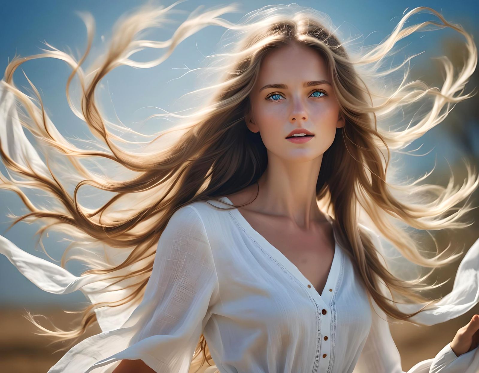 Woman in White Dress with Flowing Hair