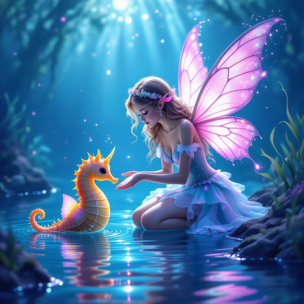 Fairy Mermaid with Seahorse in Ethereal Lighting