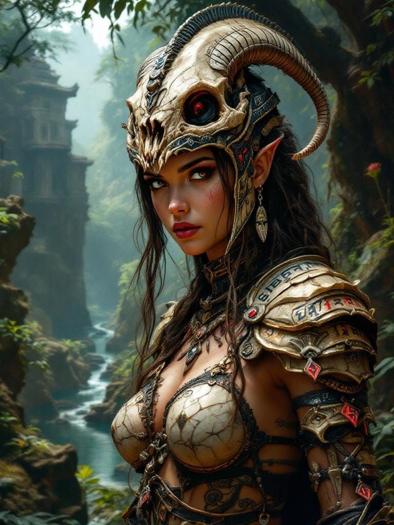 Warrior Woman in Bone Armor, Hyperdetailed Matte Painting
