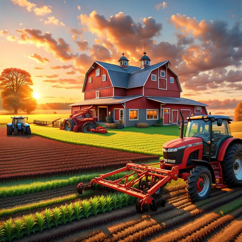 Detailed Farmhouse and Barn at Sunrise