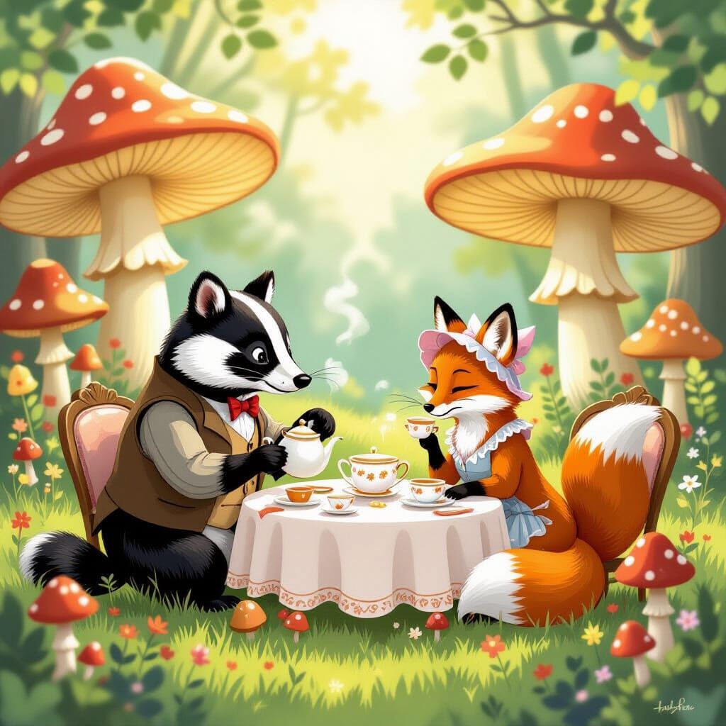 Woodland Creatures Tea Party Amidst Glowing Mushrooms