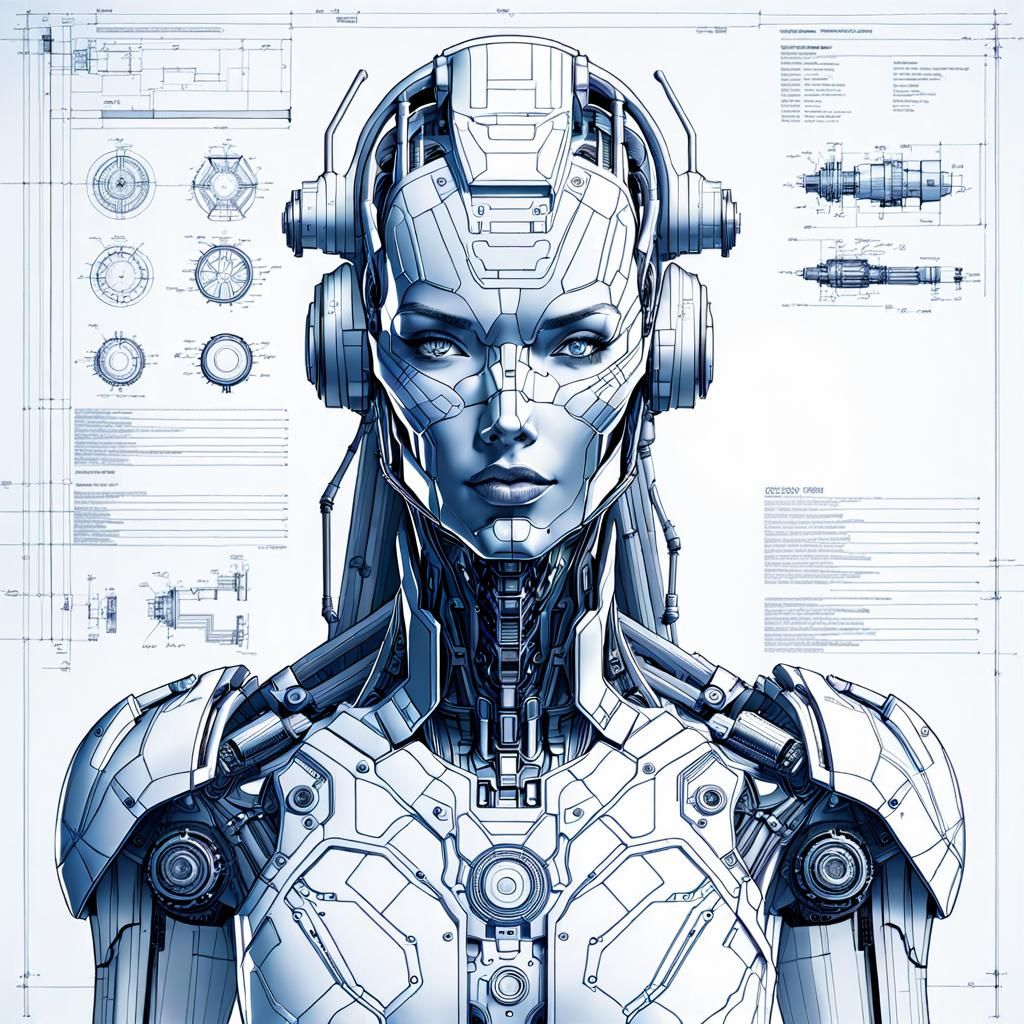 Detailed Blueprint of a Female Cyborg in AutoCAD Style