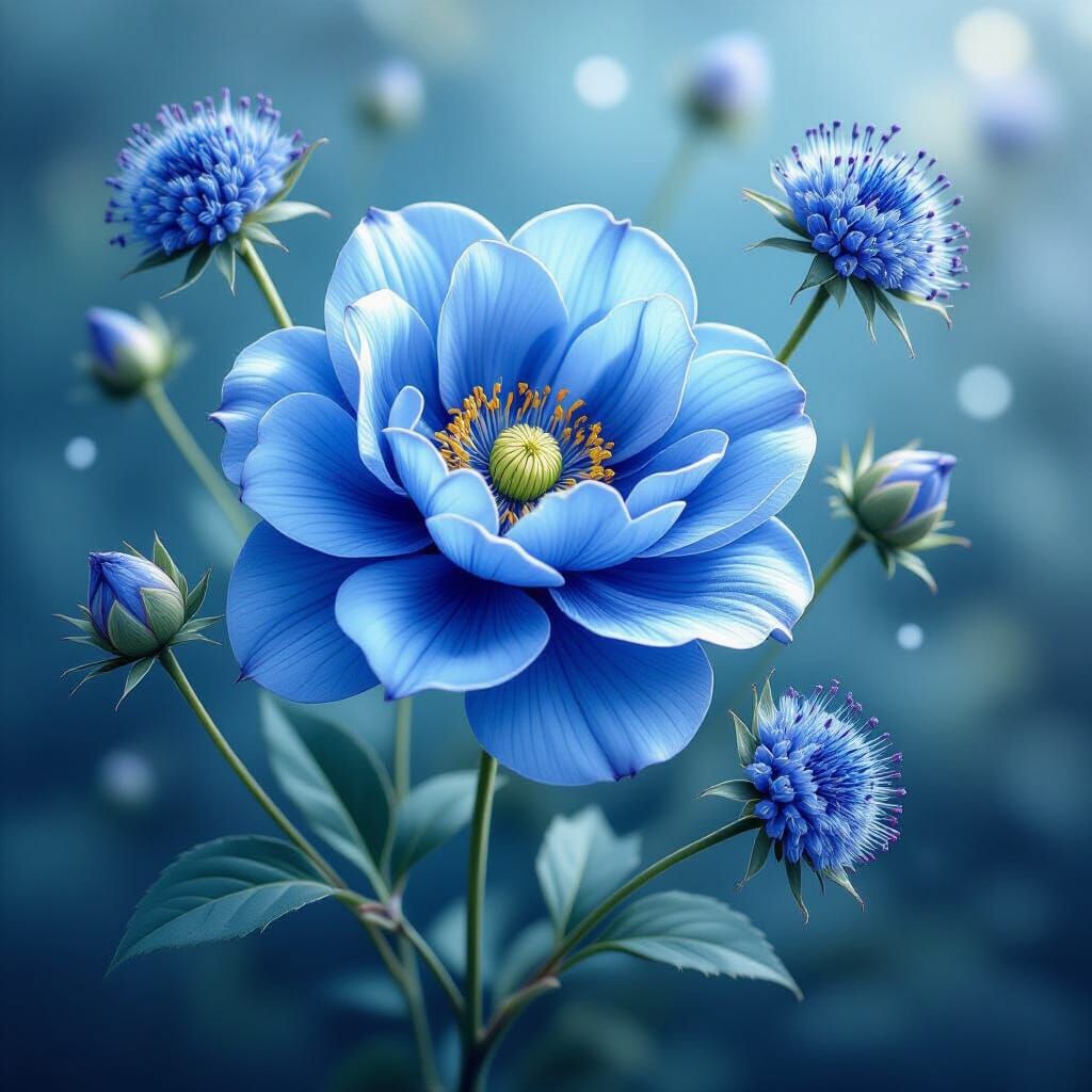 Enchanting Blue Rose Amidst Dark Fantasy Flowers