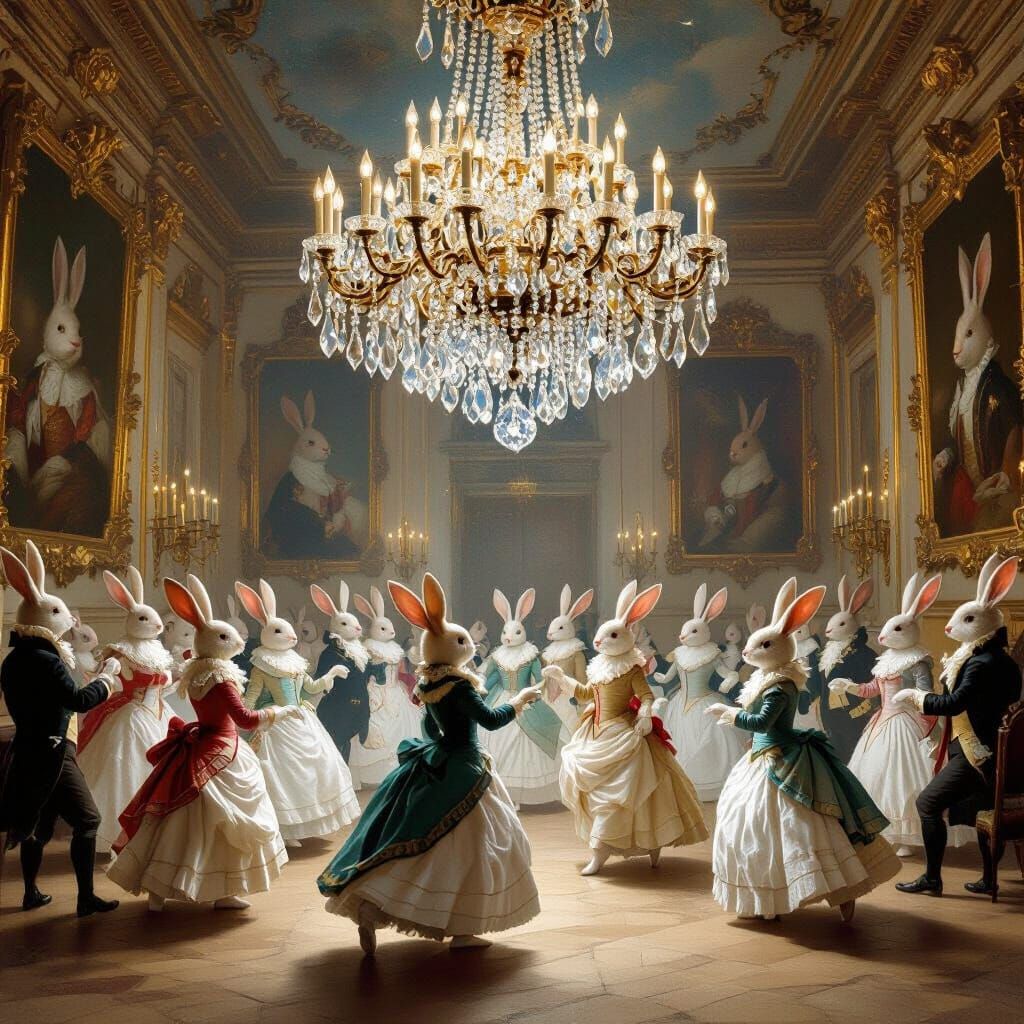 A grand, baroque ballroom where the dancers are anthropomorp...