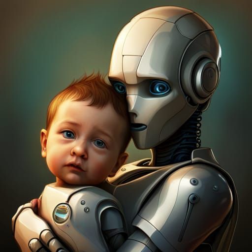 Robot Mother and Baby in Hyperrealistic Style