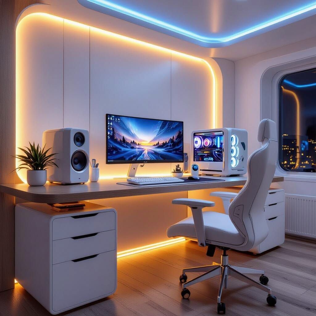 Luxury PC Setup in Modern Room, Syd Mead Style