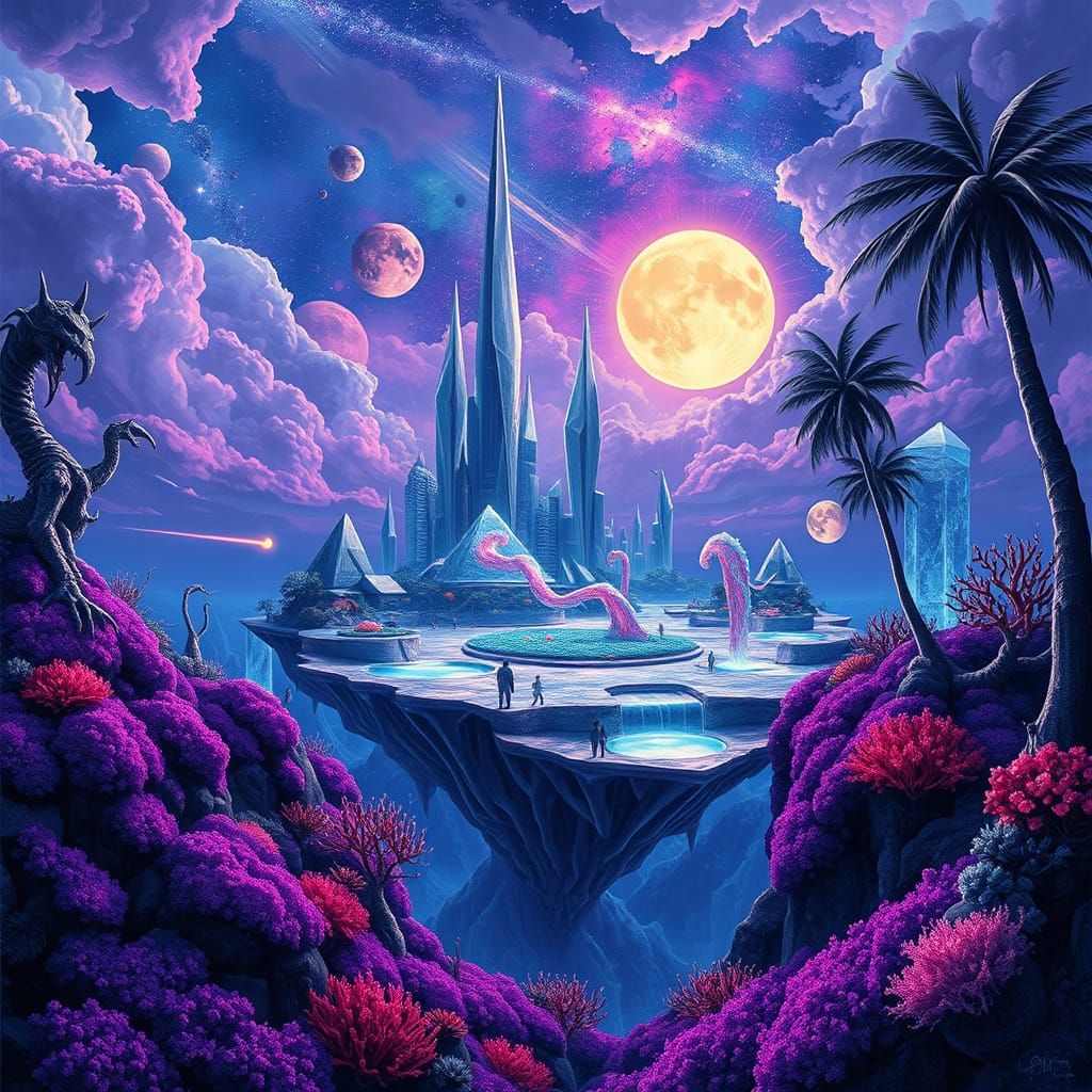 Surreal Floating Island Landscape in Vibrant Oil Painting St...