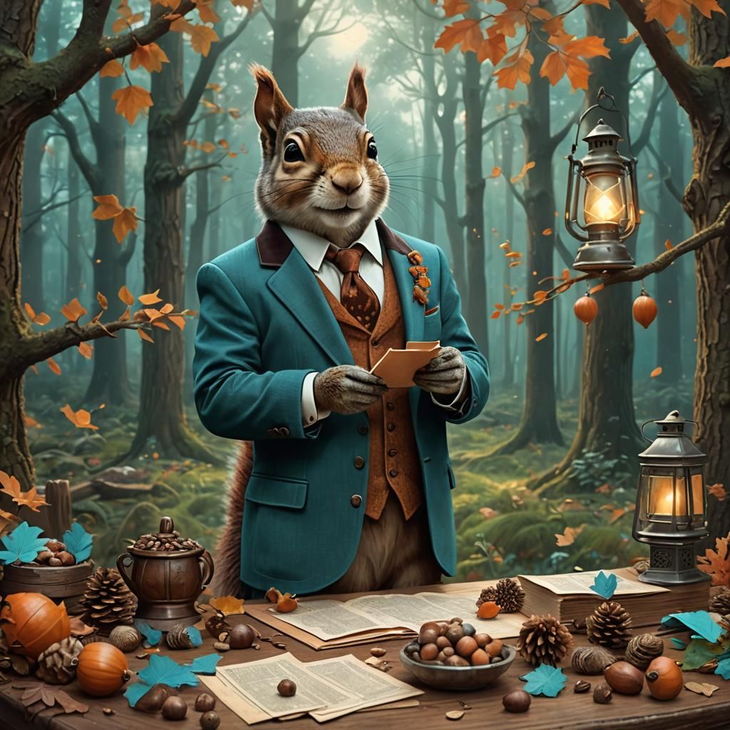 Squirrel Businessman in Forest Glade, Matte Painting