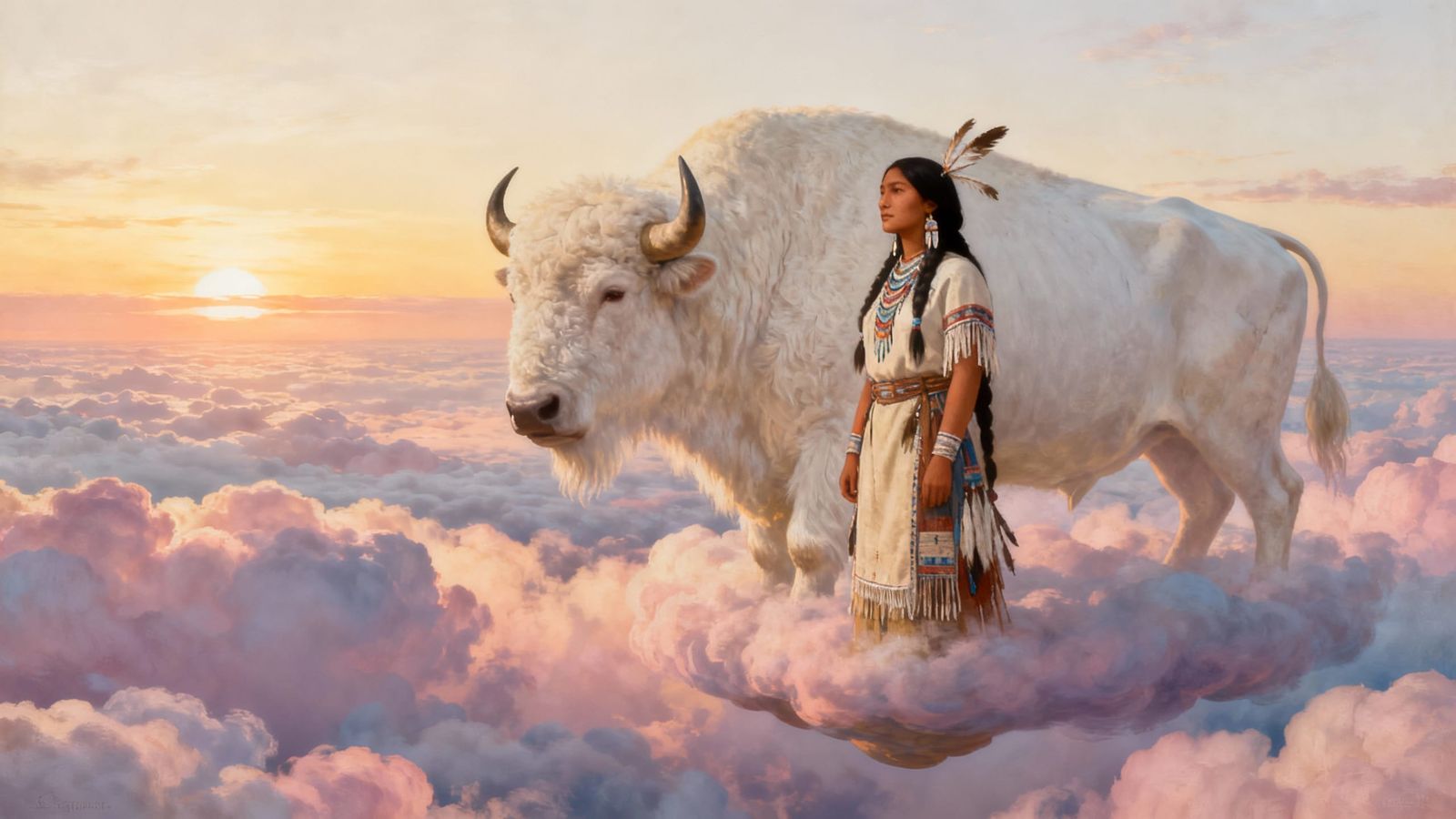 Native American Woman and White Buffalo Above Clouds at Suns...