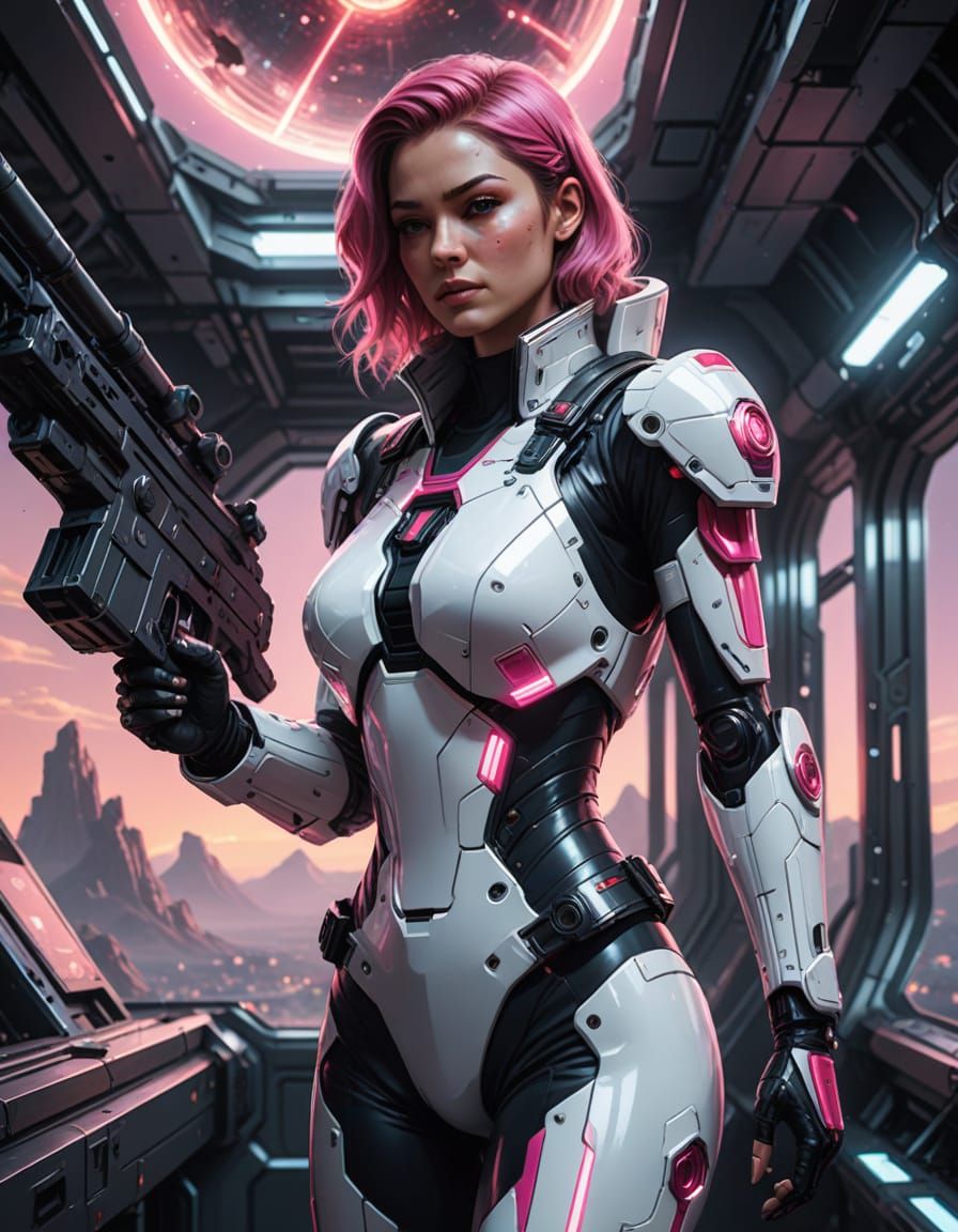 Space Sailor Woman with Laser Gun in Cosmic Vista