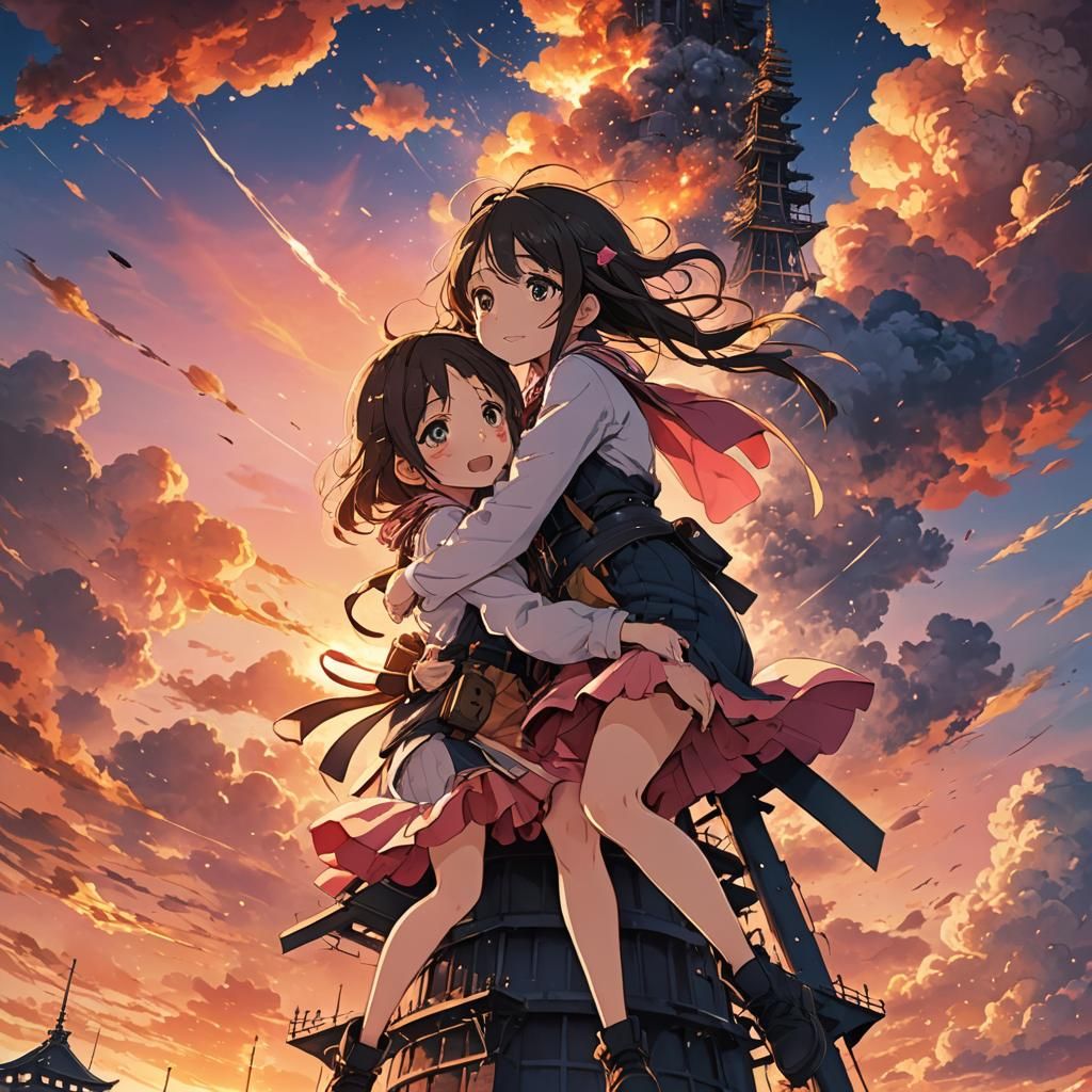 Anime Girls Embrace on Tower with Explosion