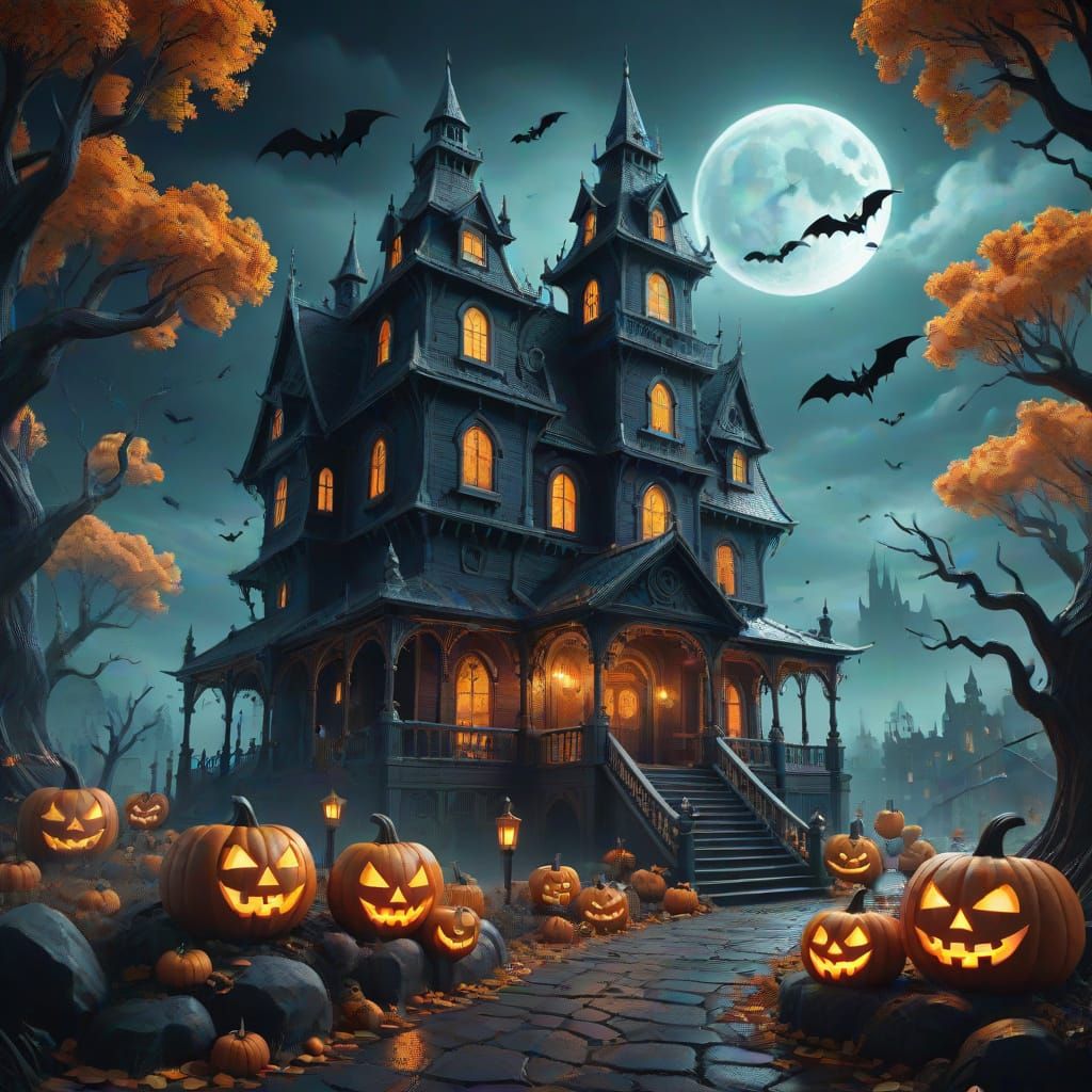 Fantastical Halloween Scene in Deep, Complementary Colors