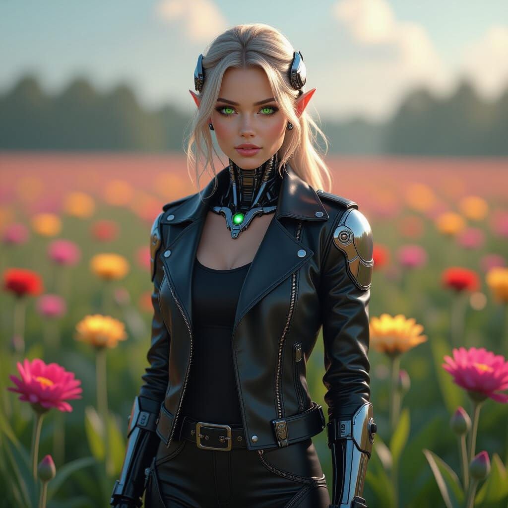 Elf Cyborg in Bioluminescent Flower Field
