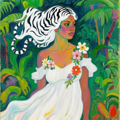Tahitian Beauty with Tiger Hairstyle in Post-Impressionist S...