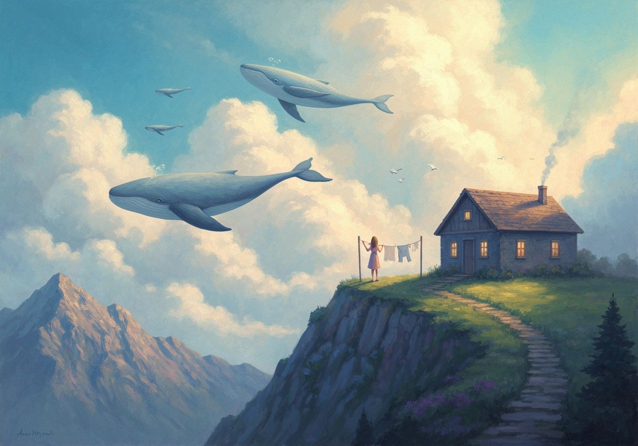 Cloud Whales Fly By Mountain Home as Watercolor