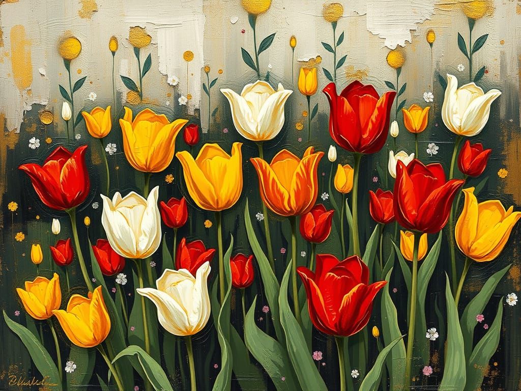 Tulip Flowerbed in Goldenpunk Impasto Style