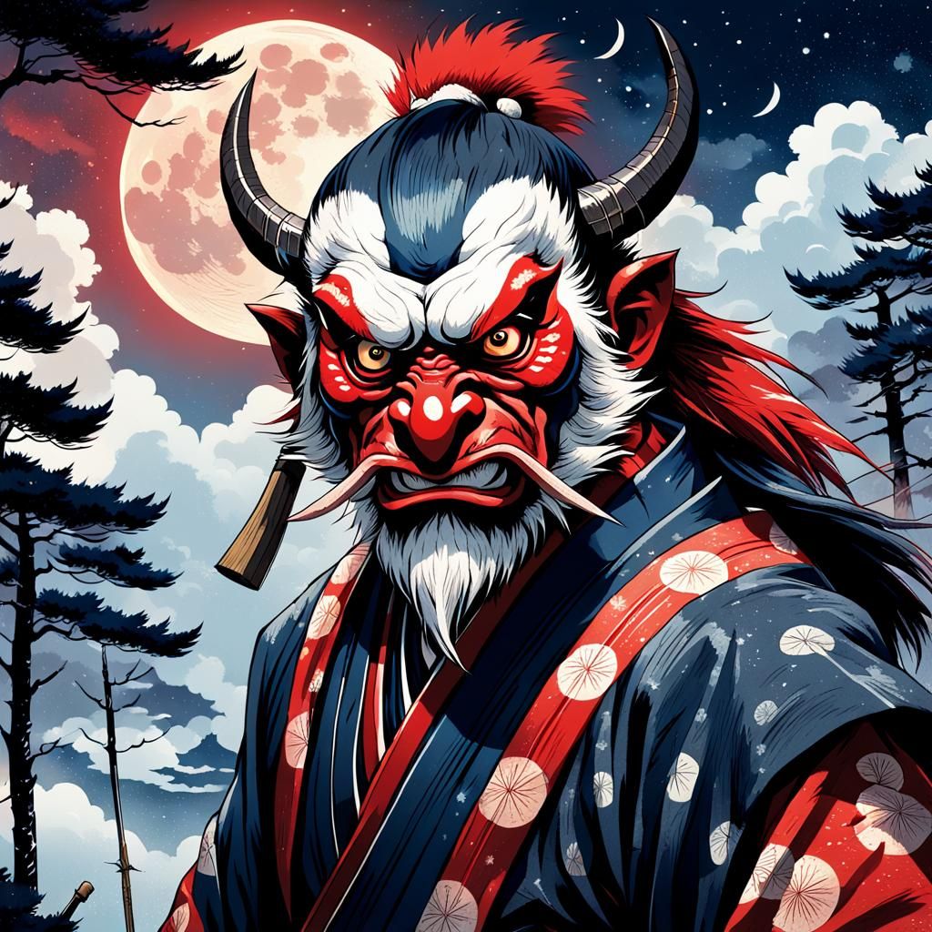 Tengu with Iron Club in Ukiyo-e Style