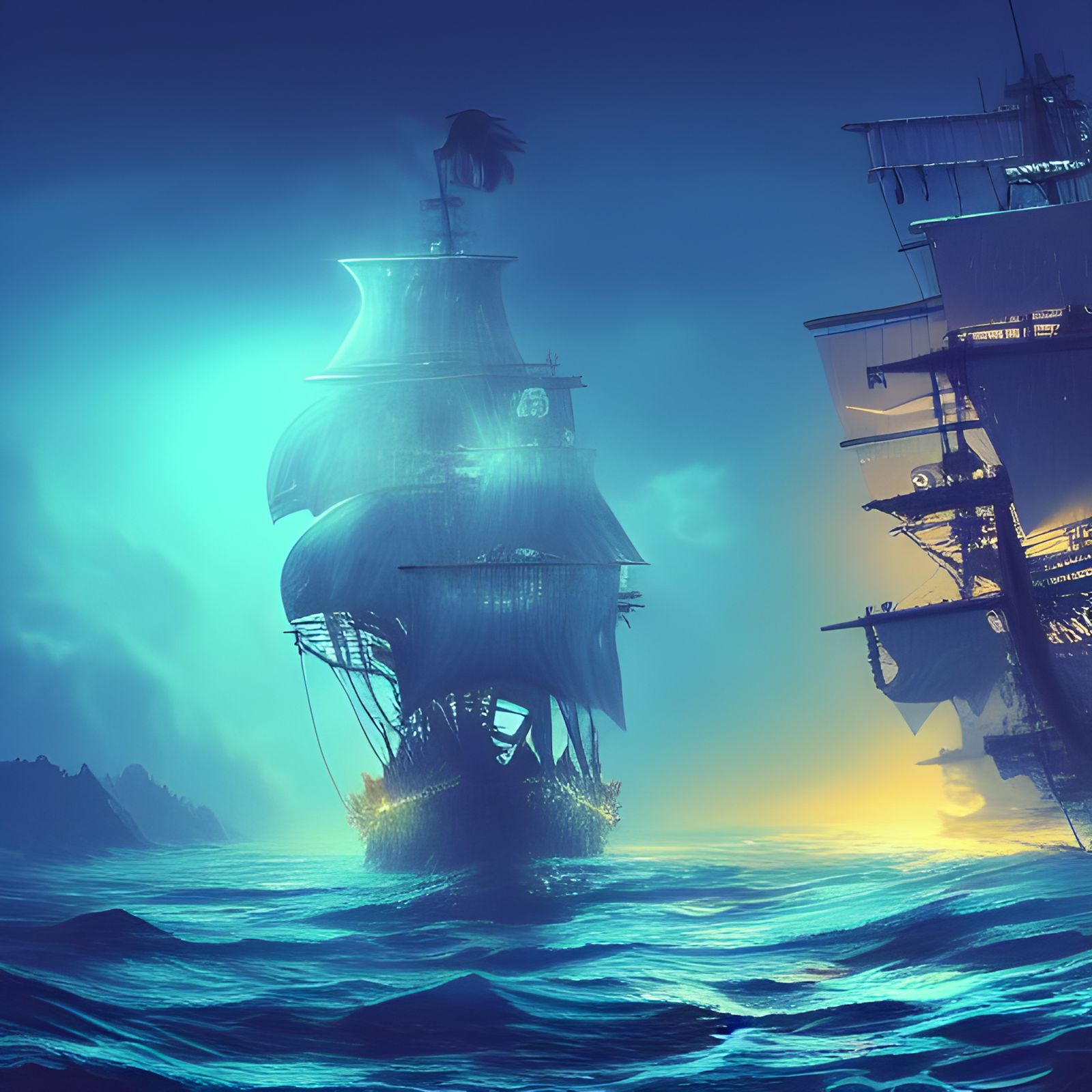 Pirate Ship on Florescent Sea at Night