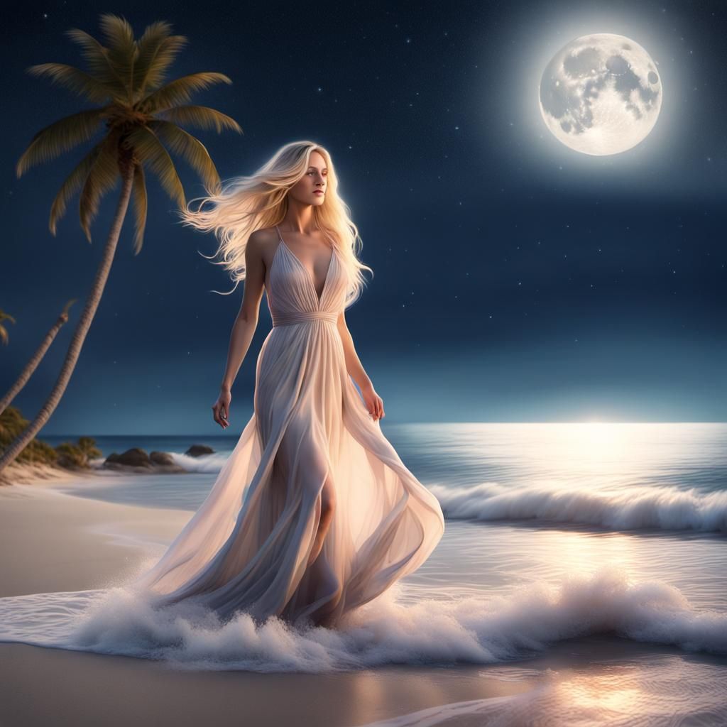 Serene Beach Night: Woman Emerges from Water