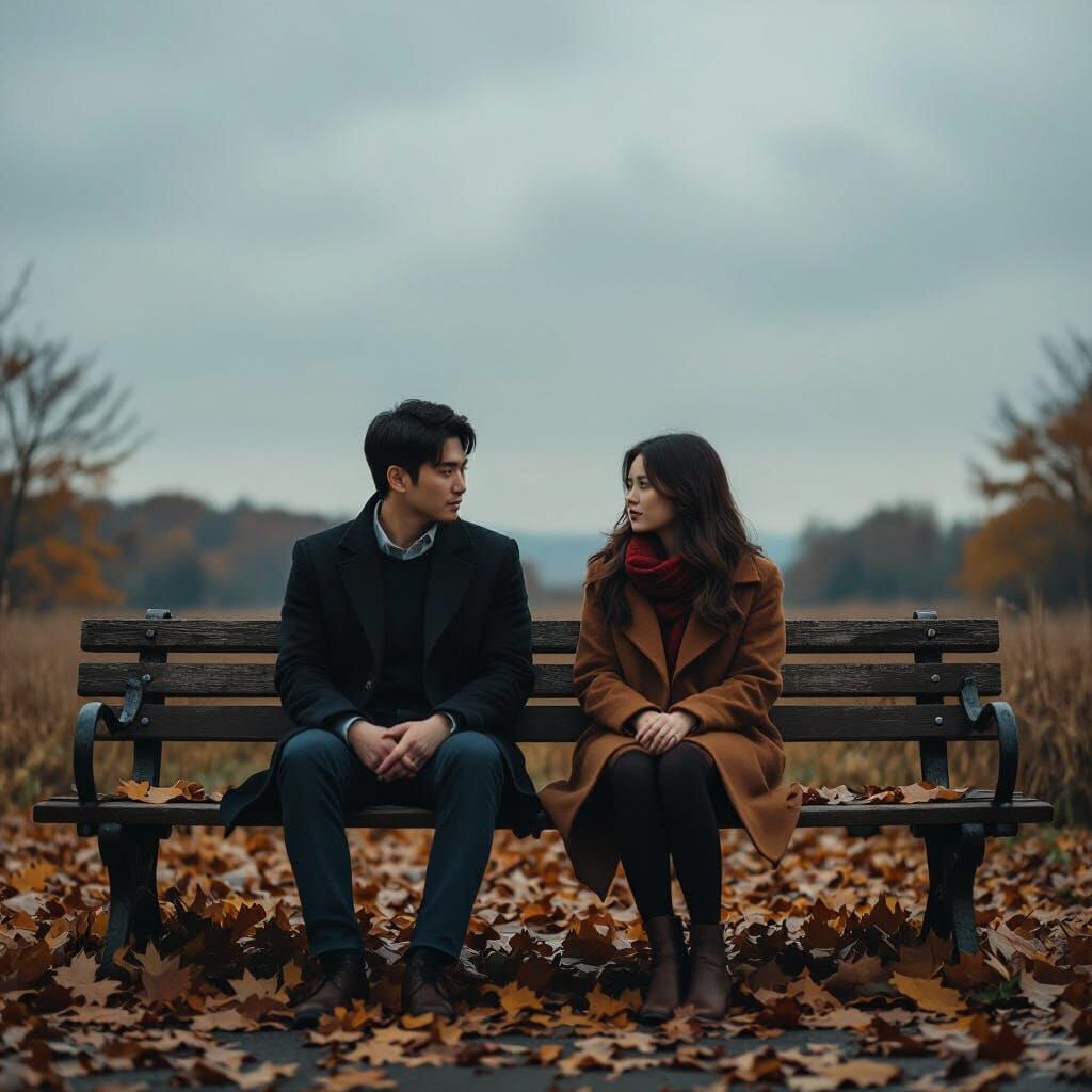 Melancholic Couple on Bench in Autumn Light