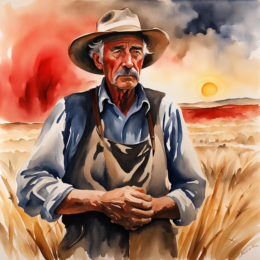 an emotional watercolour portrait of a dusty farmer with a battered hat, holding his hand to his face surrounded by the ...