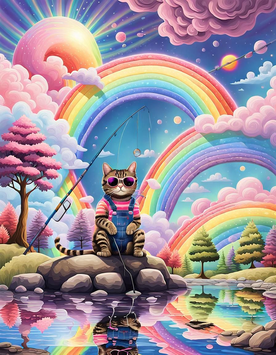 Psychedelic Tabby Cat Fishing in Rainbow Park