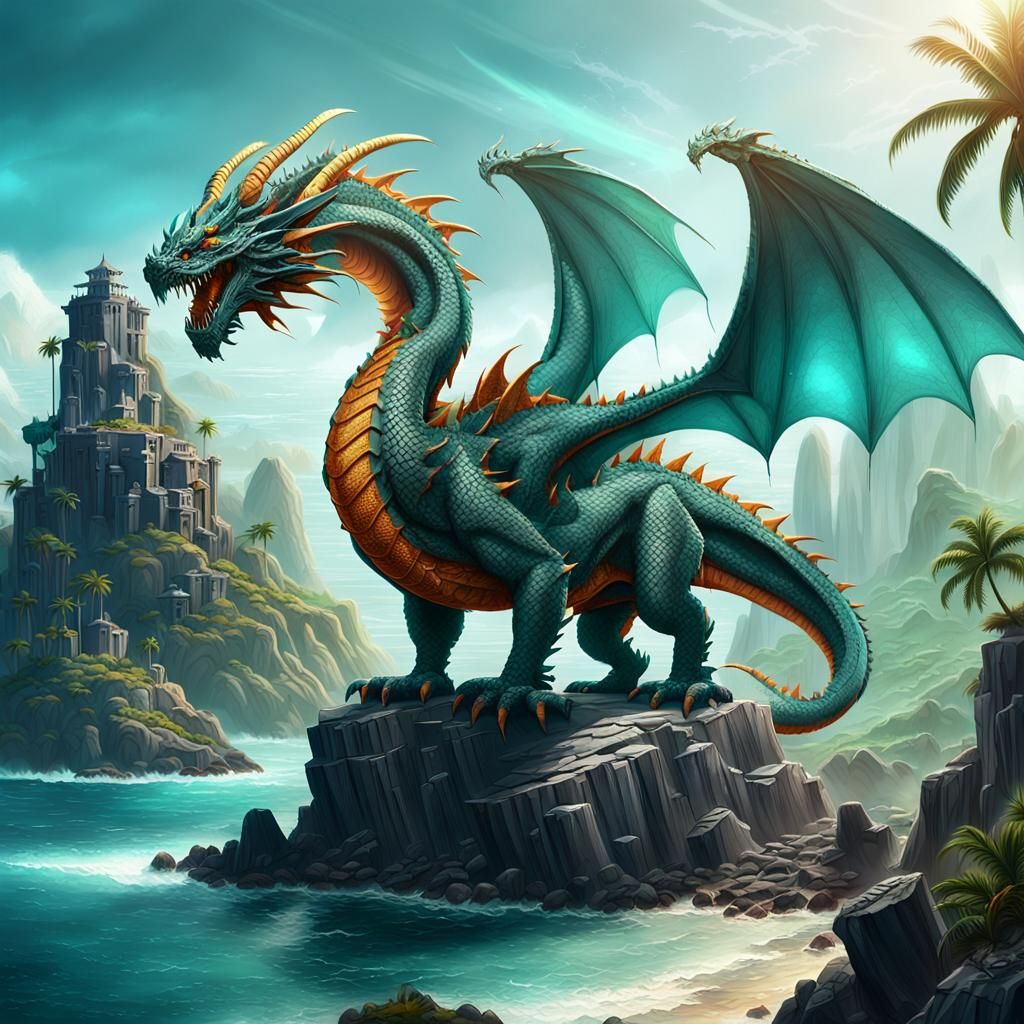 Tropical Dragon Overlooking Ocean, Comic Book Art