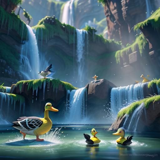Ducks Playing in Waterfall: 3D Digital Art