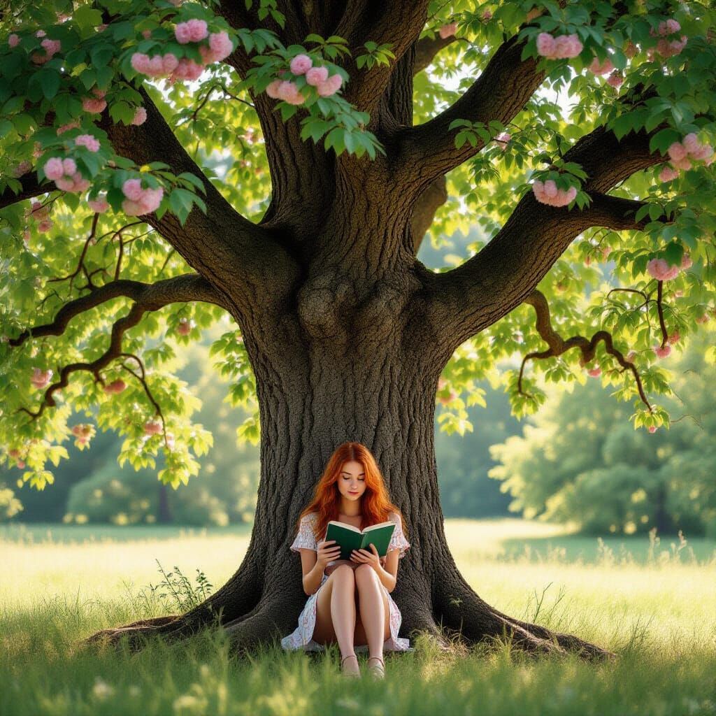 Girl Reading Under Giant Tree, Photorealistic Art