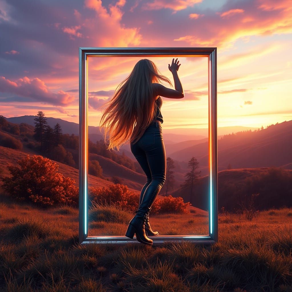 Ethereal Woman Emerges from Modern Picture Frame in Vibrant...