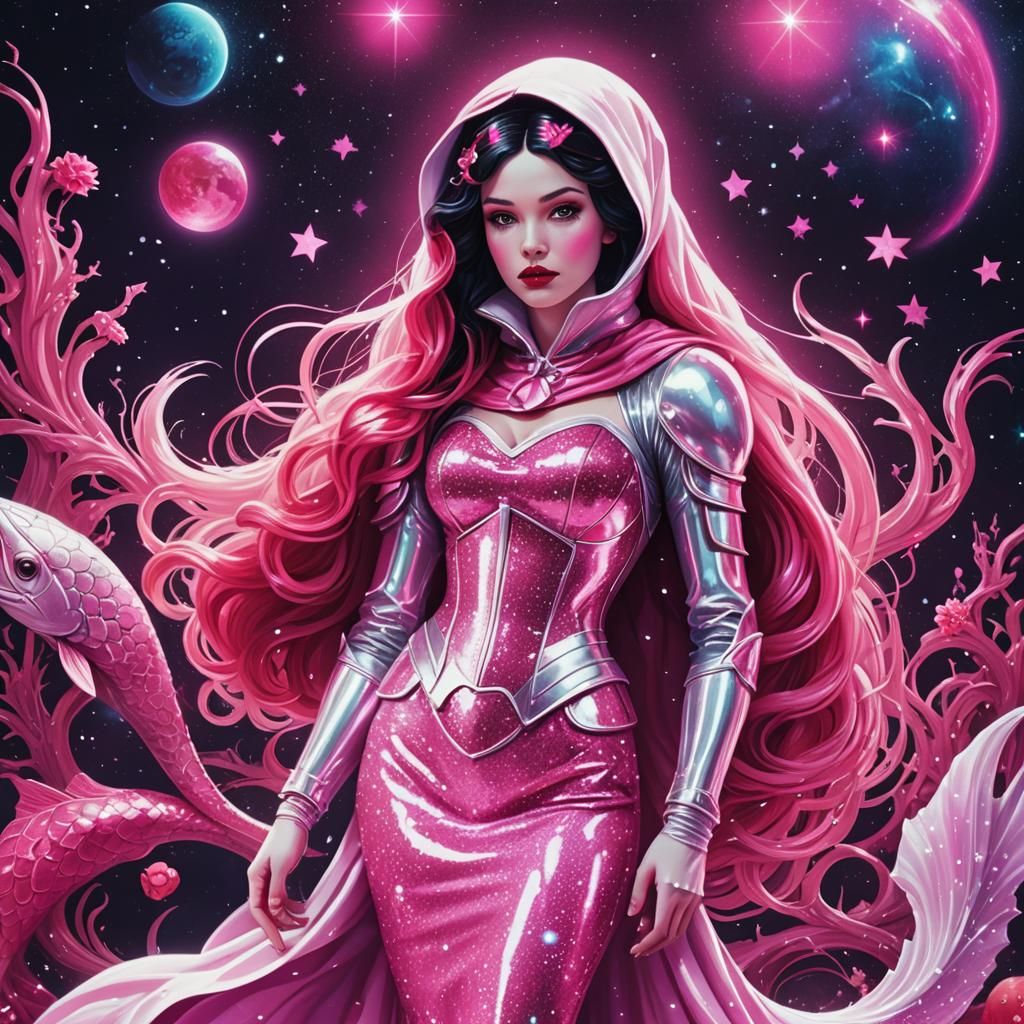 Snow White Space Mermaid in Synthwave Neon Style