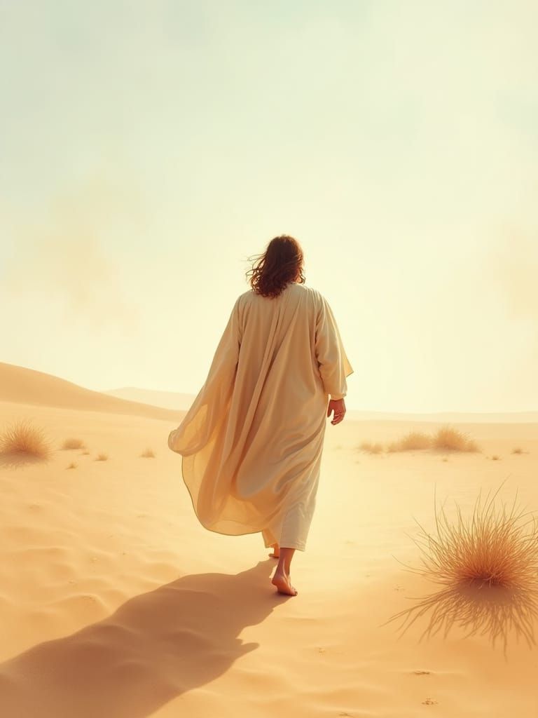Jesus Walks Through Desert Landscape in Watercolor Style