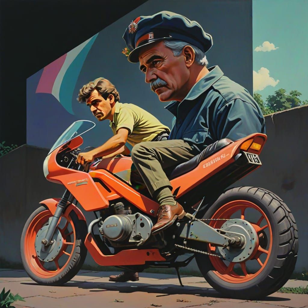 Socialist Realism Garden Scene with Father in Pastel Neon