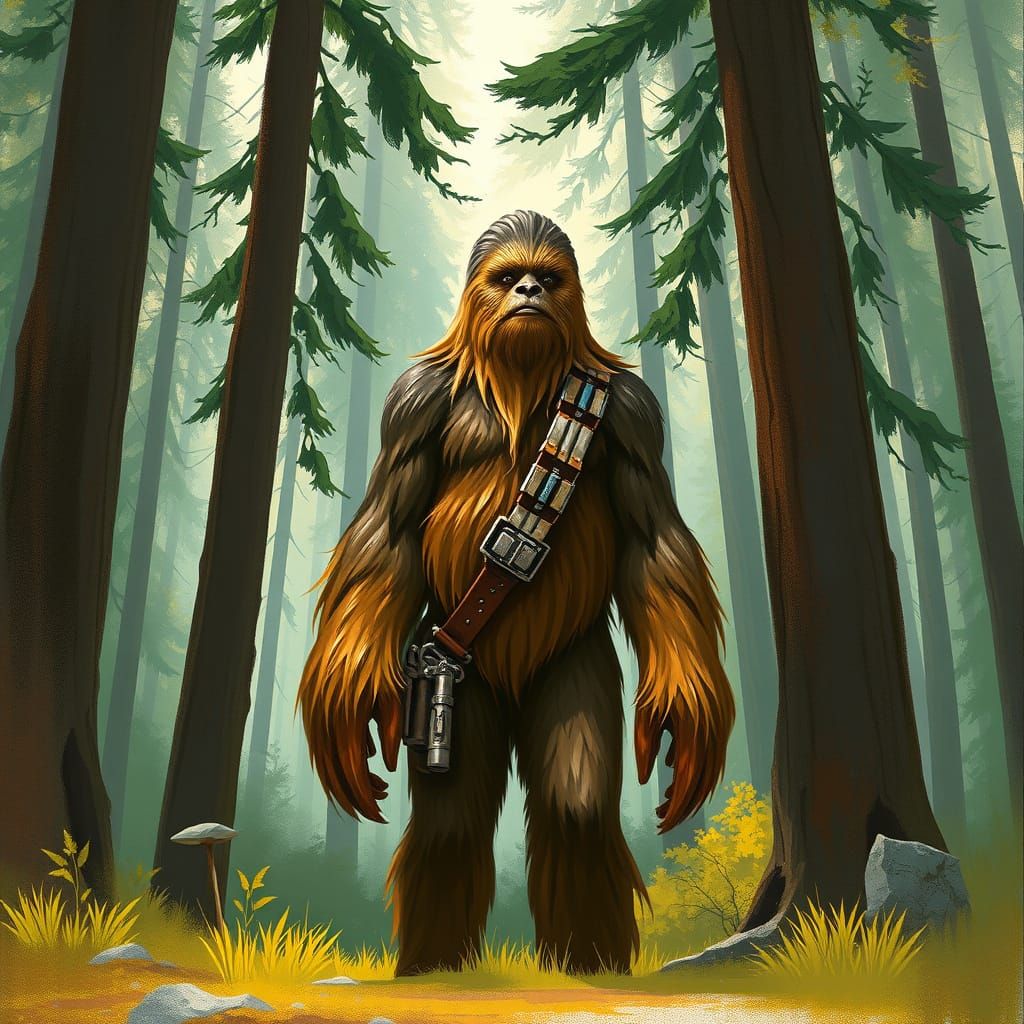 Chewbacca in Lush Forest, Digital Painting Style