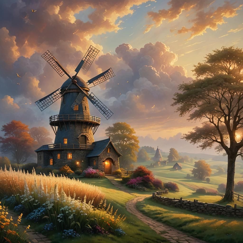 Mystical Windmill in Dreamy Landscape as Oil Painting