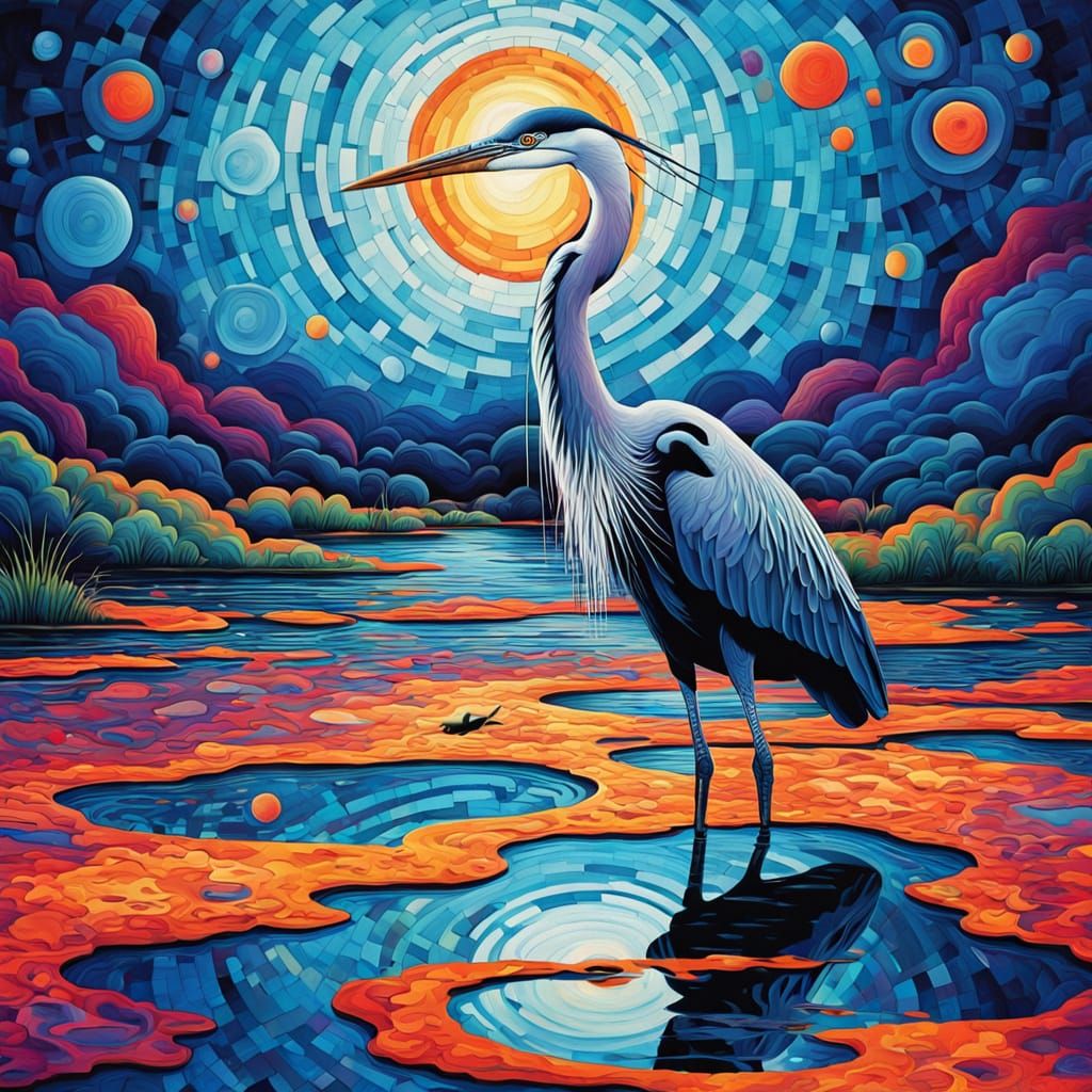 Heron in Geometric Wetland Under Nebula Sky