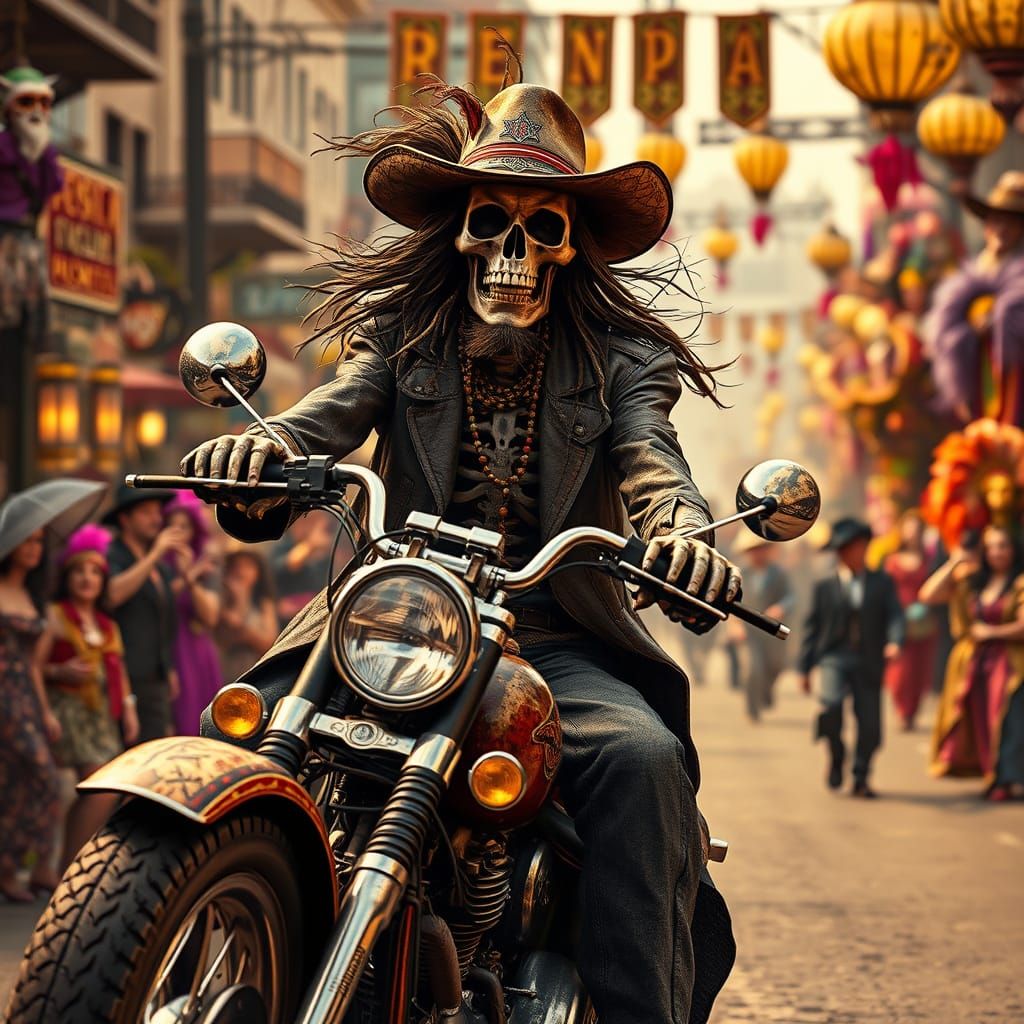 Grungy Cowboy Skeleton Biker in Mardi Gras Texas