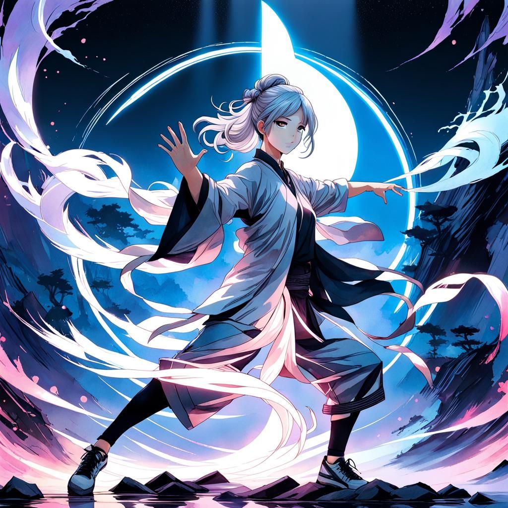 Anime Girl Practicing Tai Chi in Watercolor Style