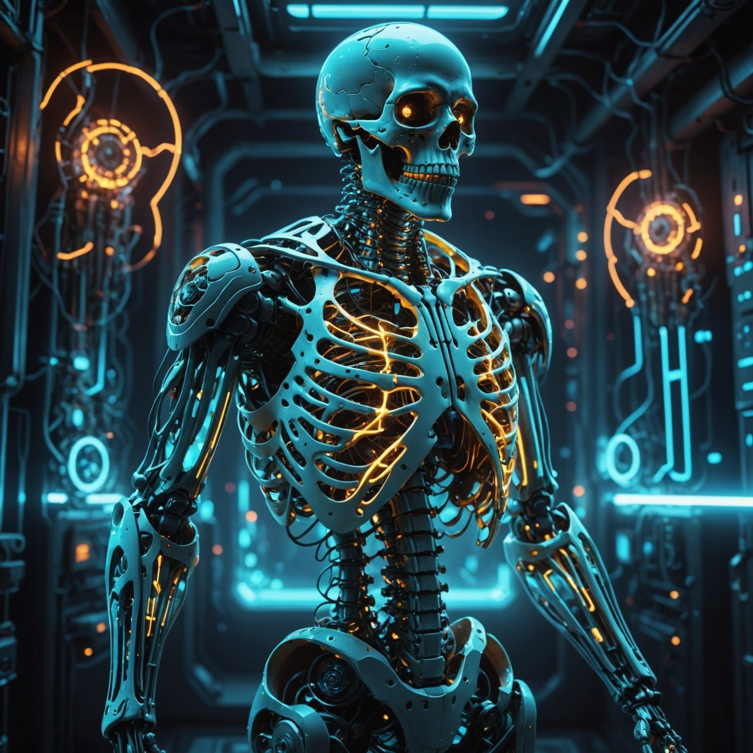 Cybernetic Skeleton with Neon Magic Circuits