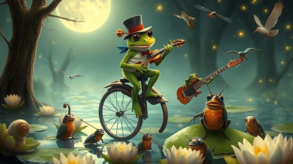Whimsical Moonlit Swamp Orchestra in Watercolor Style