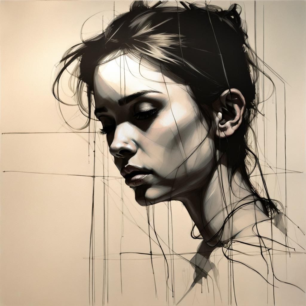 Girl Portrait with Technical Drawing Style