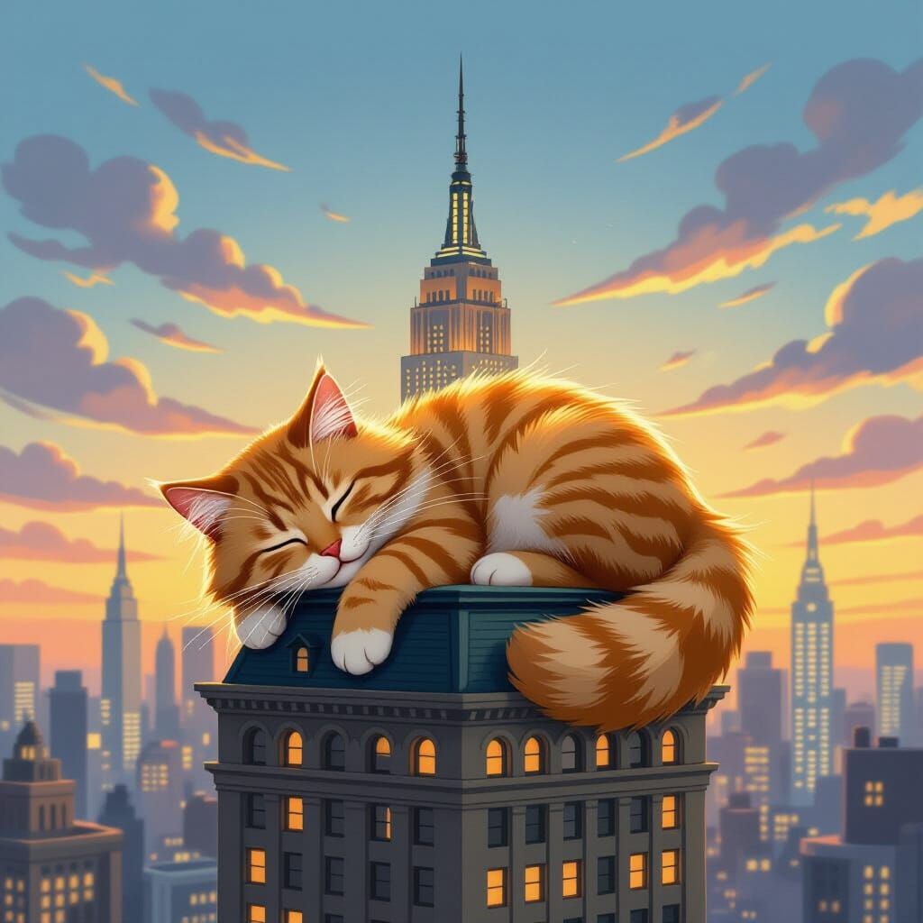Giant Ginger Cat Sleeps on Empire State Building Rooftop