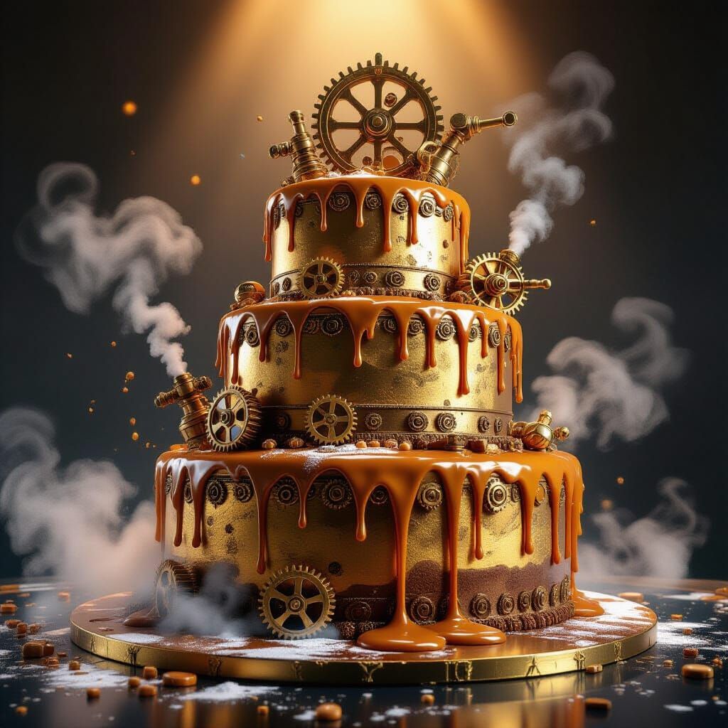 Colossal Steampunk Cake Melting Under Spotlight