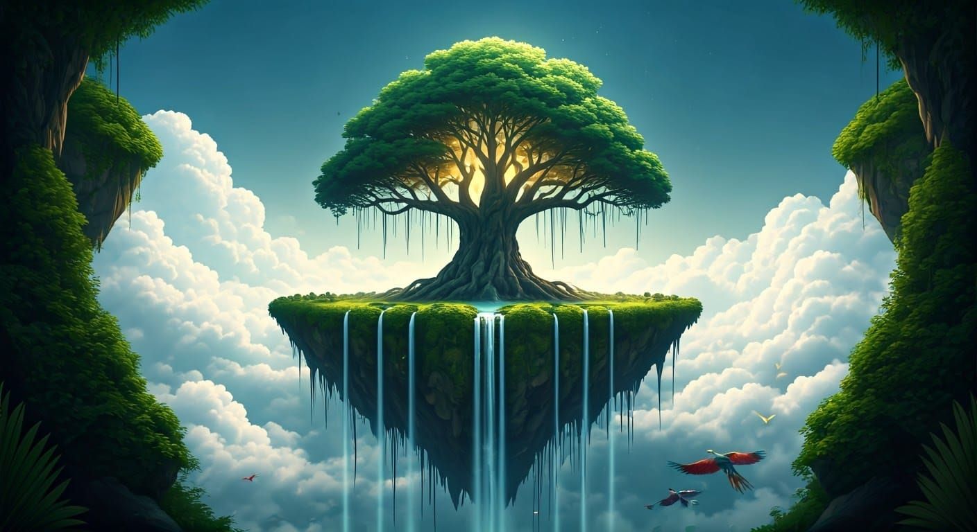 Floating Island with Glowing Tree in Mead Style