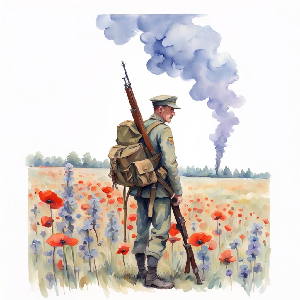 WWI Soldier in Poppy Field: Impressionist Gouache Style
