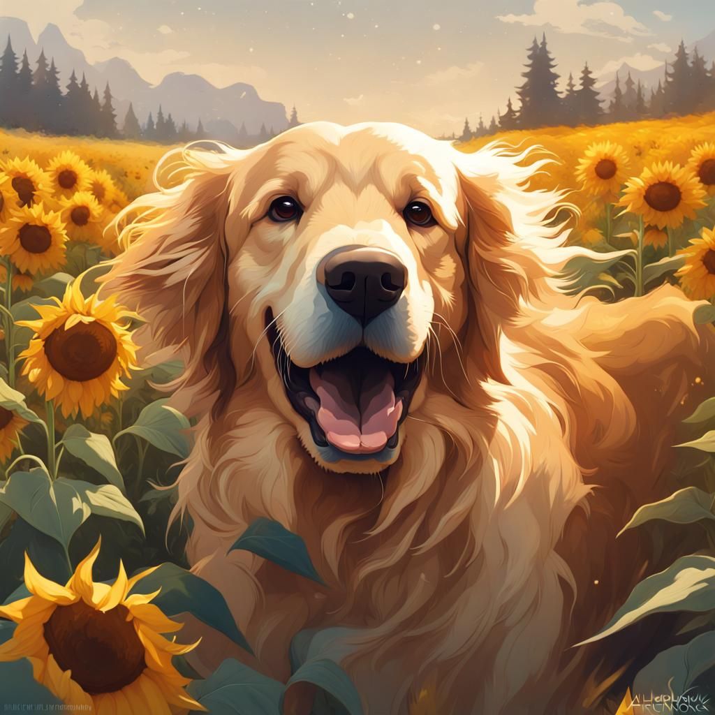 Golden Retriever Leaping Through Sunflowers, Detailed Portra...