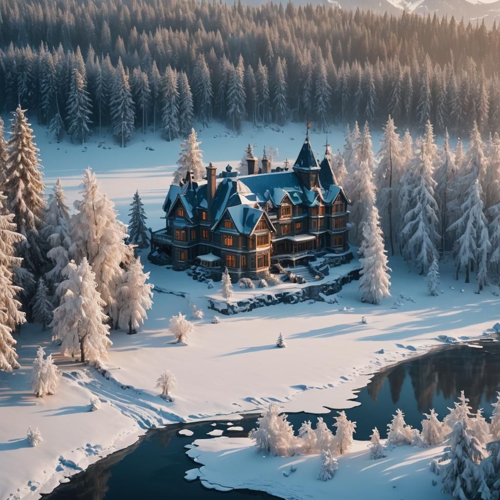 Grand House on Frozen Lake: Cinematic Digital Painting