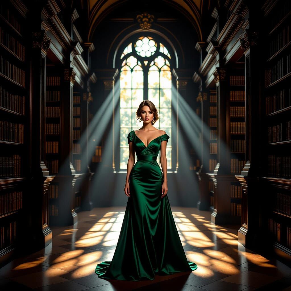 Elegant Woman in Emerald Dress in Dramatic Library