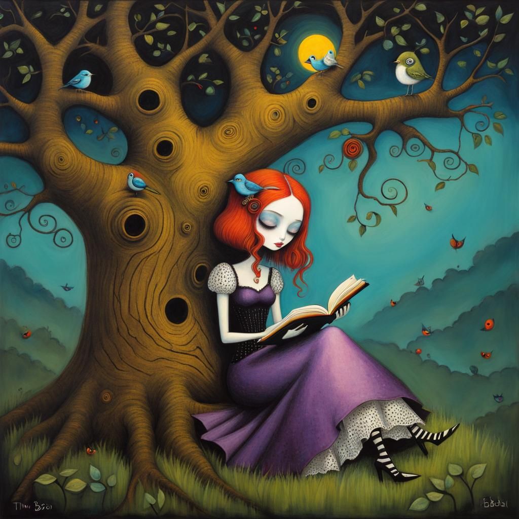 Girl Reading Book in Tree, Whimsical Surrealist Illustration